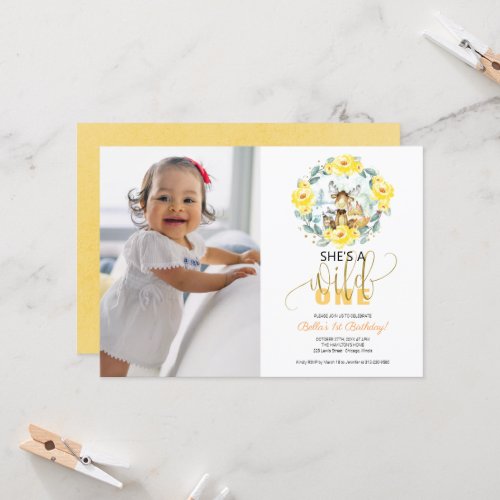 Woodland Shes A Wild One Photo First Birthday Inv Invitation