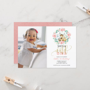 Woodland She's A Wild One Photo First Birthday Invitation