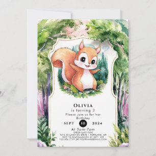Woodland Simple Squirrel Birthday Invitation