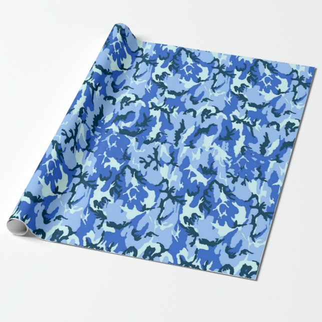 Woodland Sky Blue Camouflage Wrapping Paper (Unrolled)