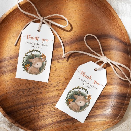 Woodland sleaping baby deer baby shower thank you gift tags