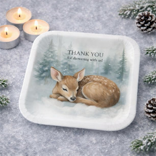 Woodland Sleeping Baby Deer Winter Baby Shower Paper Plates