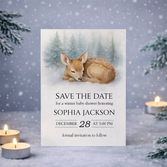 Woodland Sleeping Baby Deer Winter Baby Shower Save The Date (Woodland Sleeping Baby Deer Winter Baby Shower Save The Date)