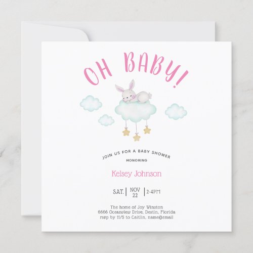 Woodland Sleeping Bunny Pink Baby Shower Invitation