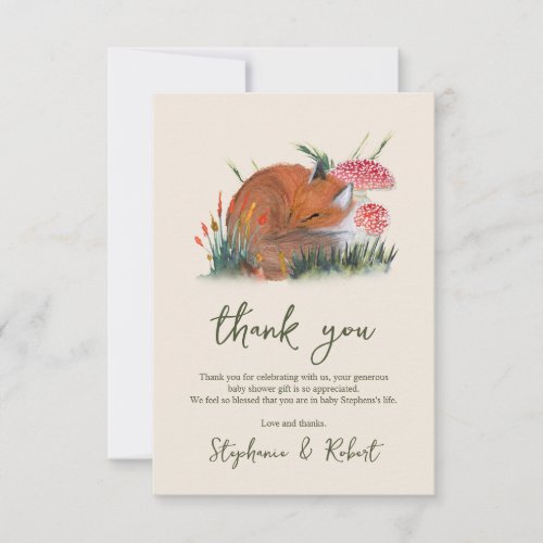Woodland Sleepy Fox  Mushrooms Baby Shower  Thank You Card