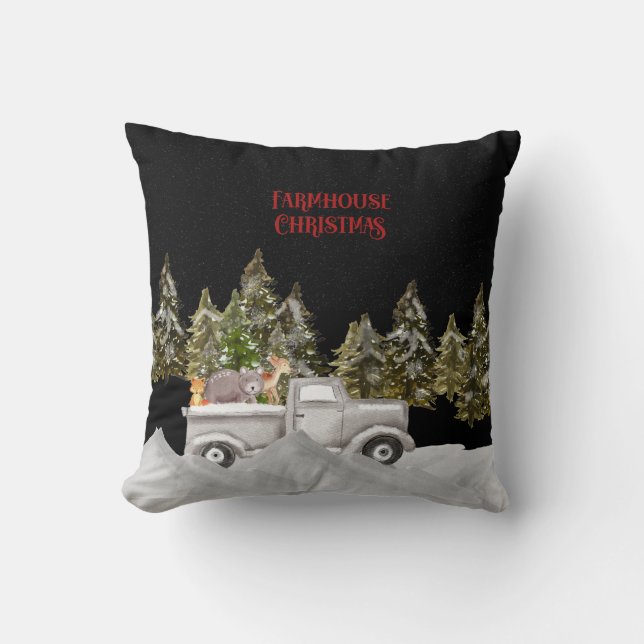 Woodland Snowfall  Farmhouse Christmas Throw Pillow (Front)