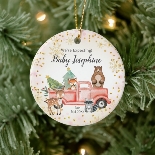 Woodland Snowflake Truck We're Expecting Parent Ceramic Ornament (Tree)