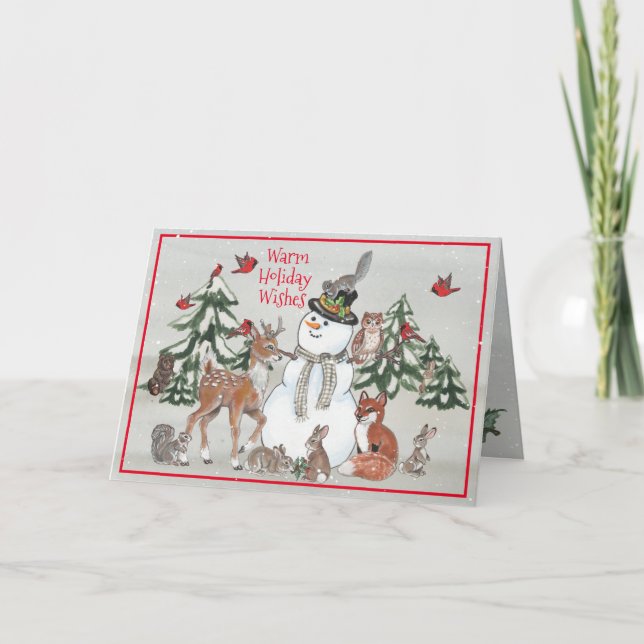 Woodland Snowman Deer Fox Christmas Wishes Gray Holiday Card (Front)