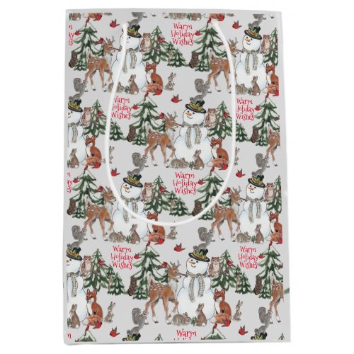 Woodland Snowman Deer Fox Christmas Wishes Gray Medium Gift Bag