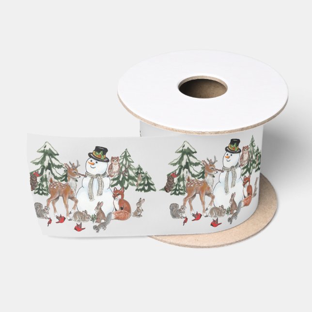Woodland Snowman Deer Fox Christmas Wishes Gray Satin Ribbon (Spool)