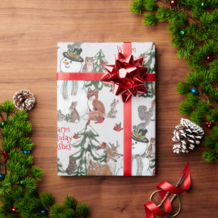Woodland Snowman Deer Fox Christmas Wishes Gray Wrapping Paper