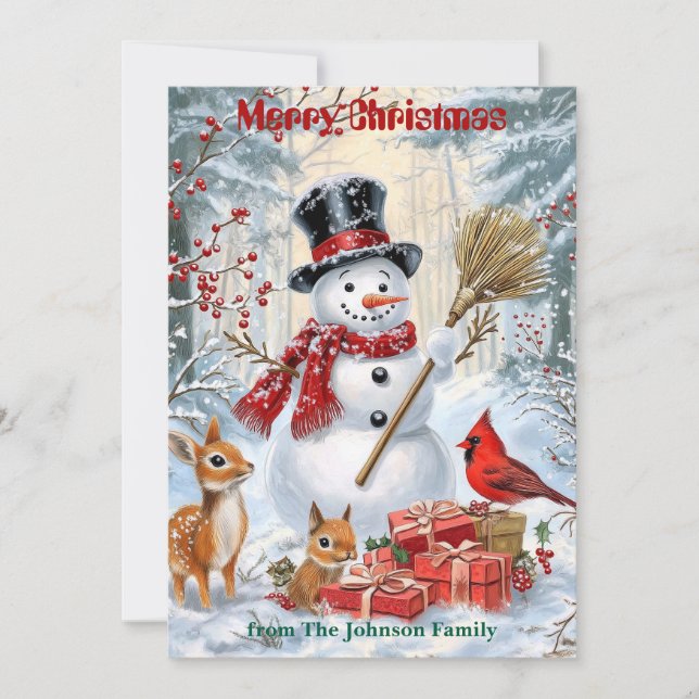 Woodland Snowman | Personalized Family Christmas Holiday Card (Front)