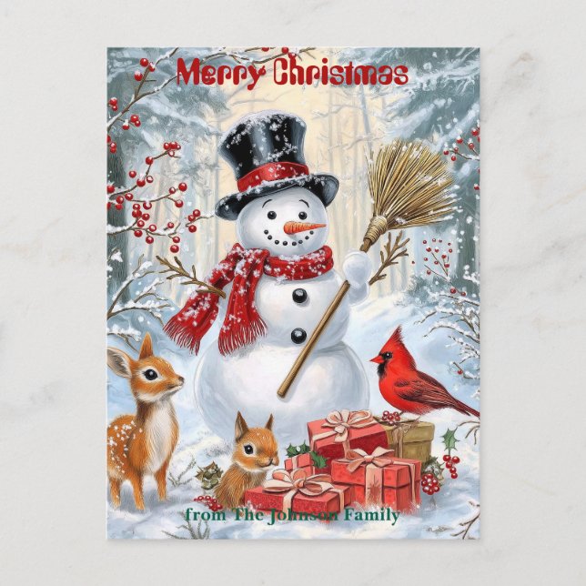 Woodland Snowman | Personalized Family Christmas Invitation Postcard (Front)