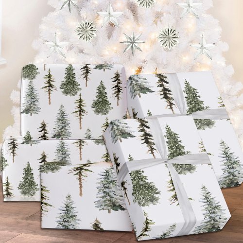 Woodland Snowy Spruce Pine Christmas Trees Forest  Wrapping Paper
