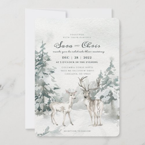 Woodland Snowy Winter Forest with Deer Watercolor Invitation