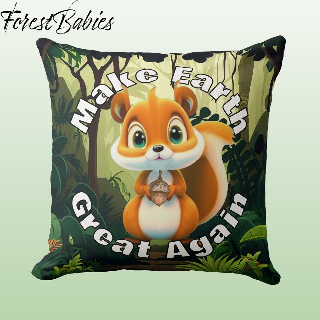  Woodland Squirrel Acorn Make Earth Great Again  Throw Pillow (Cute Squirrel Make Earth Great Again Pillow Wildlife Nature Animal Cartoon Graphic Room Decor  🐿️)