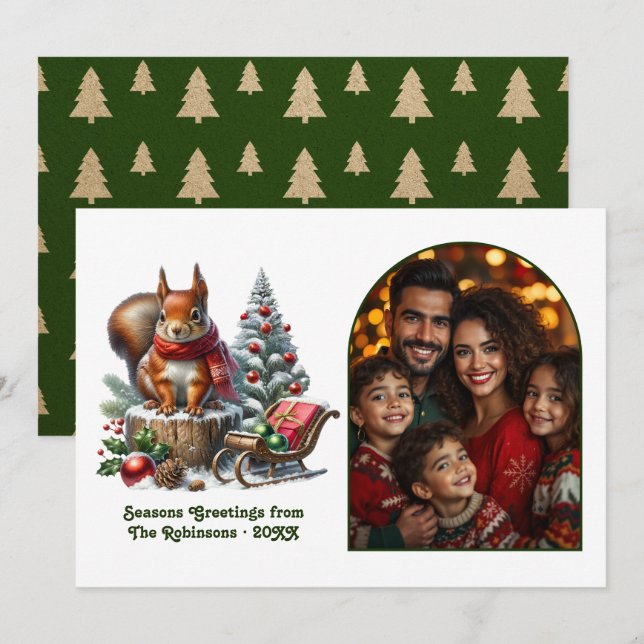 Woodland Squirrel Festive Forest Christmas Photo Holiday Card (Front/Back)