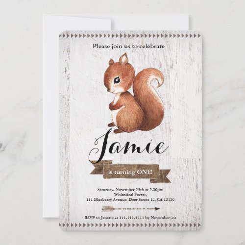 Woodland Squirrel first birthday invitation