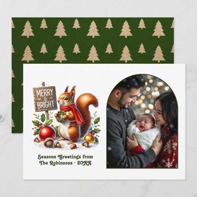 Woodland Squirrel Merry and Bright Forest Photo Holiday Card (Front/Back)