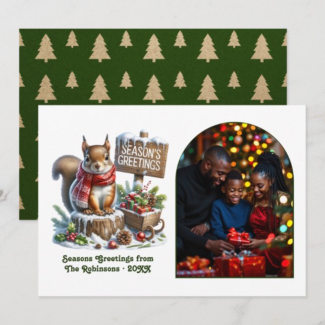 Woodland Squirrel Rustic Forest Christmas Photo Holiday Card (Front/Back)