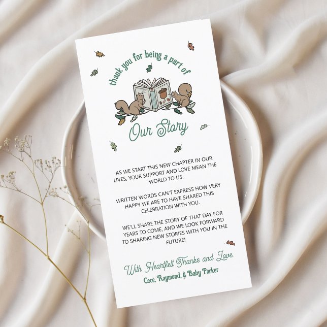 Woodland Squirrels Book Baby Shower Thank You  Card (Baby shower thank you cards with personalized message for woodland storybook theme.)
