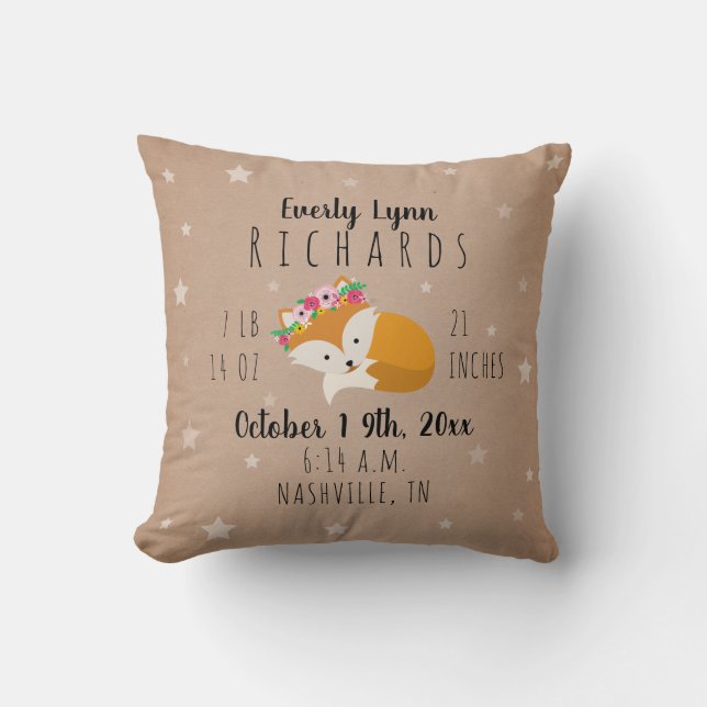Woodland Stars Sleepy Fox Girl Birth Stats Nursery Throw Pillow (Front)