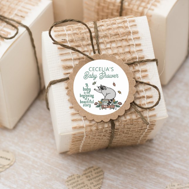 Woodland Storybook Raccoon Baby Shower  Square Sticker (Woodland Storybook Baby Shower Stickers for Favors, Crafting, Envelope Seals, and more!)