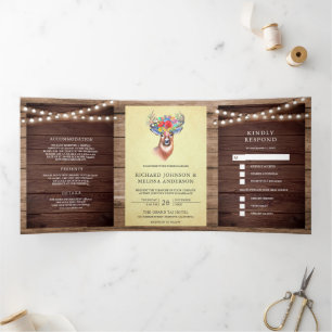 Woodland String Lights Floral Deer Antlers Wedding Tri-Fold Invitation