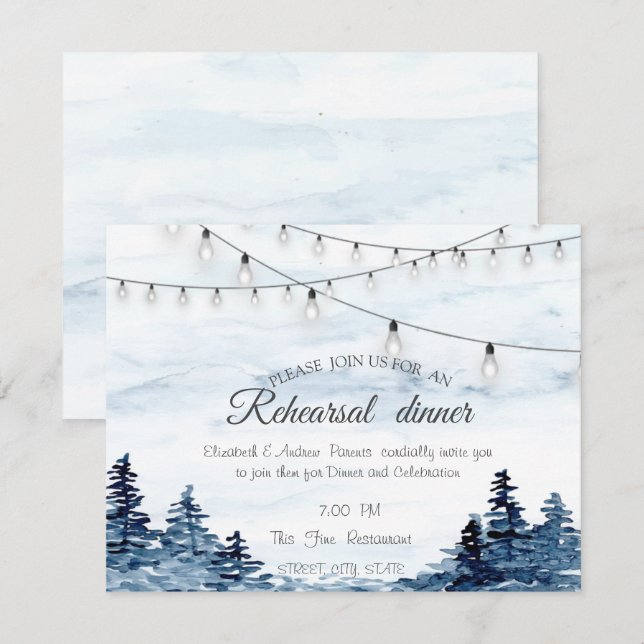 Woodland,String Lights,Watercolor Rehearsal Dinner Invitation (Front/Back)