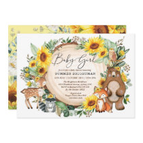 Woodland Sunflower Forest Animals Baby Girl Shower Invitation