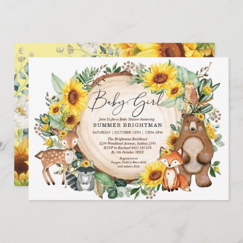 Woodland Sunflower Forest Animals Baby Girl Shower Invitation