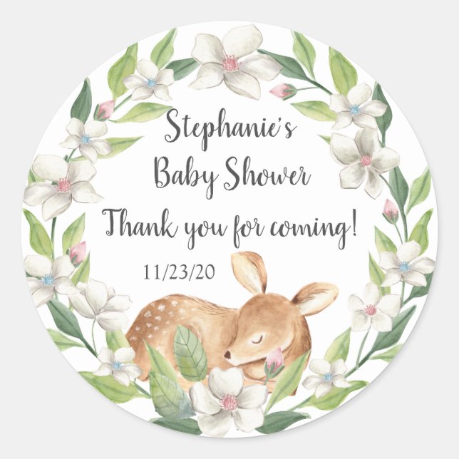 Woodland Sweet Deer Baby Shower Favor Classic Round Sticker (Front)
