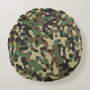 Woodland Tan Brown Green Gray Camo Camouflage Round Pillow