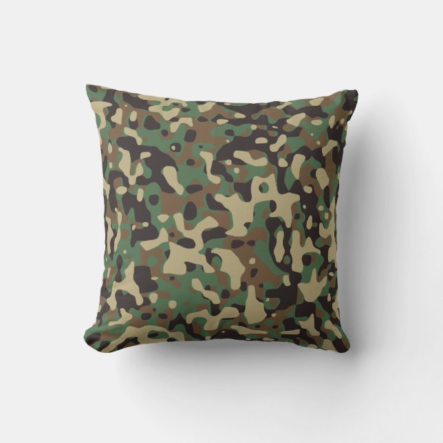 Woodland Tan Brown Green Gray Camo Camouflage Throw Pillow (Front)