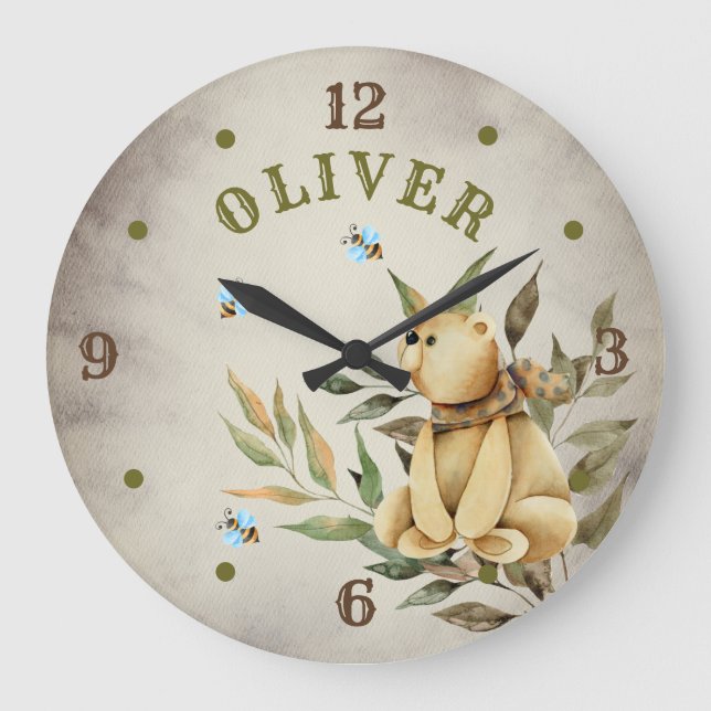 Woodland Teddy Bear Boy Baby Nursery Large Clock (Front)