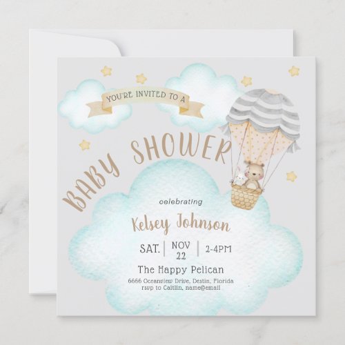 Woodland Teddy Bear Neutral Balloon Baby Shower Invitation