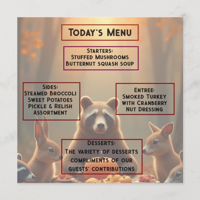 Woodland Thanksgiving Party Friends and Family Menu (Front)