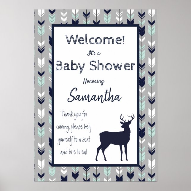 Woodland Theme Baby Shower Poster - Mint, Navy, gr (Front)