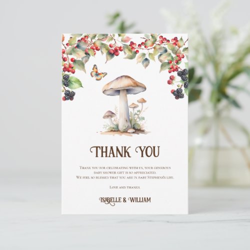 Woodland Toadstool  Mushroom Fall Baby Shower  Thank You Card