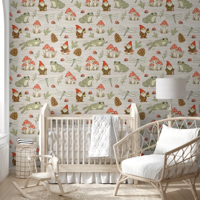 Woodland Toadstools Gnomes Frogs Faux Grasscloth Wallpaper (Kids)