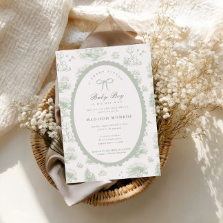 Woodland Toile Storybook Bow Baby Shower Invitation