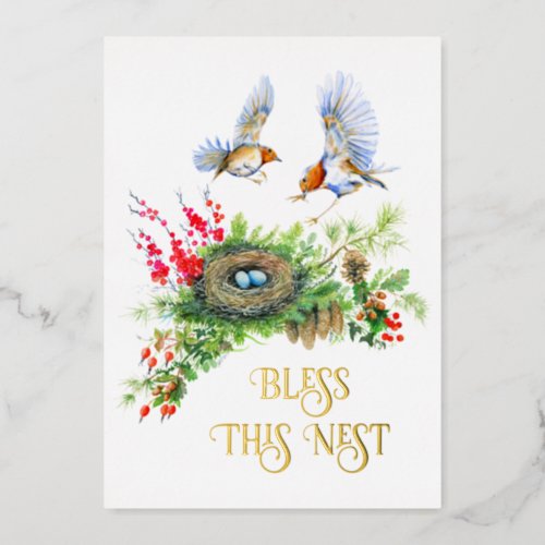 Woodland Treasures Bless This Nest Housewarming Foil Holiday Card