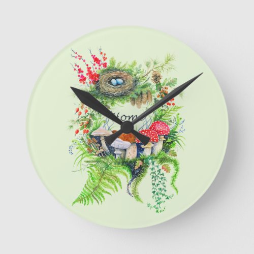 Woodland Treasures Botanical Watercolor Wreath Round Clock