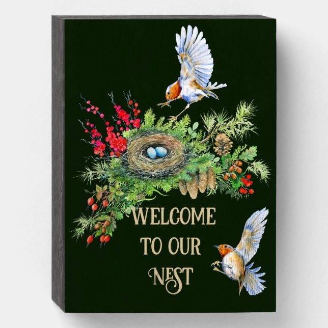 Woodland Treasures Welcome to our Nest Home Wooden Box Sign (Front Vertical)