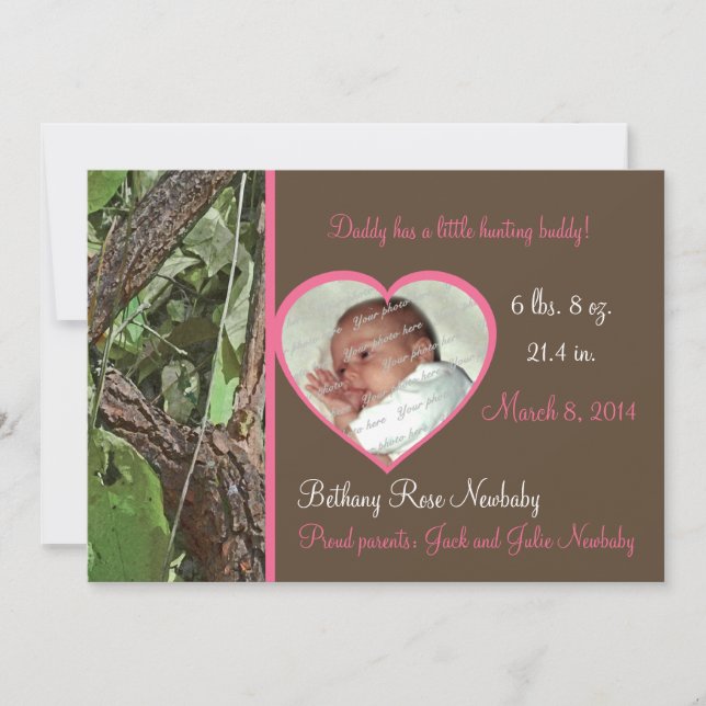 Woodland Tree Camo Baby Girl Announcement (Front)