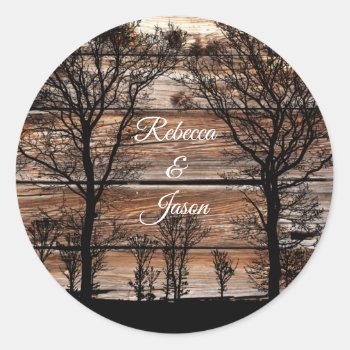 Woodland Tree Silhouette On Barn Board Classic Round Sticker by CottageCountryDecor at Zazzle
