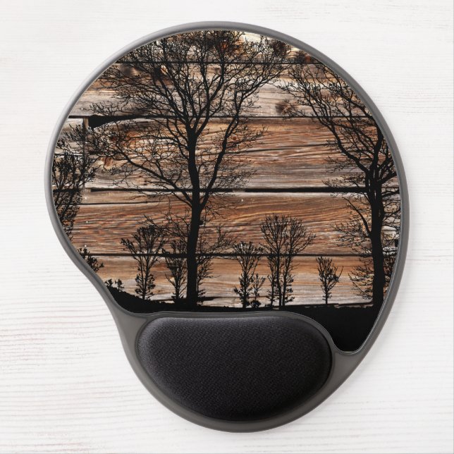 Woodland Tree Silhouette On Barn Board Gel Mouse Pad (Front)