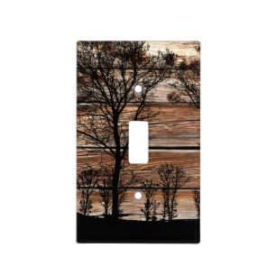 Woodland Tree Silhouette On Barn Board Light Switch Cover