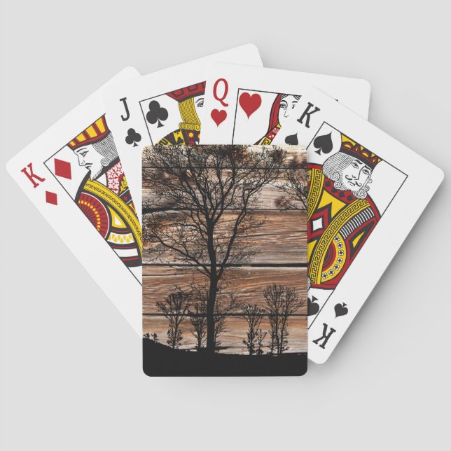 Woodland Tree Silhouette On Barn Board Poker Cards (Back)