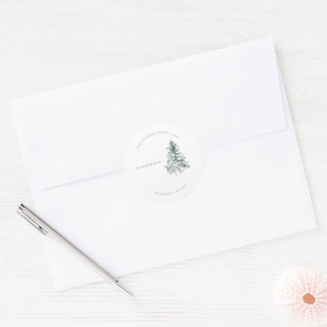  Woodland Trees Deer White Round Address Classic Round Sticker (Envelope)